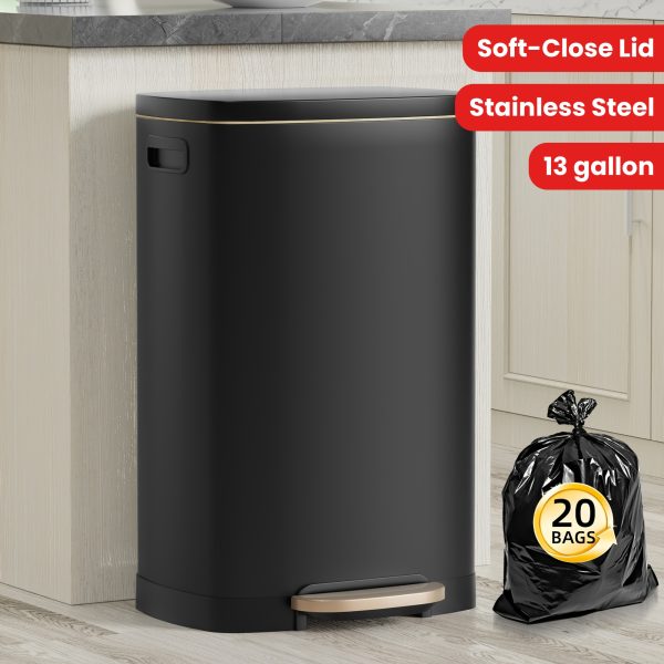 13 Gallon Trash Can, Stainless Steel Kitchen Trash Can with Soft-Close Lid, Fingerprint-Resistant Kitchen Garbage Can with Foot Pedal And Inner Bucket, Odor Proof Trash Can Garbage Can