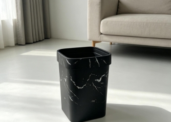 Hotel Room Black Marble Trash Can, Durable Open Waste Basket for Hospitality